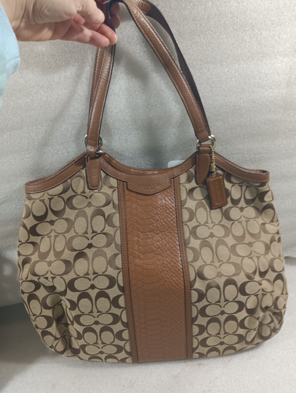 Coach Signature Shoulder Bag Brown Leather Trim